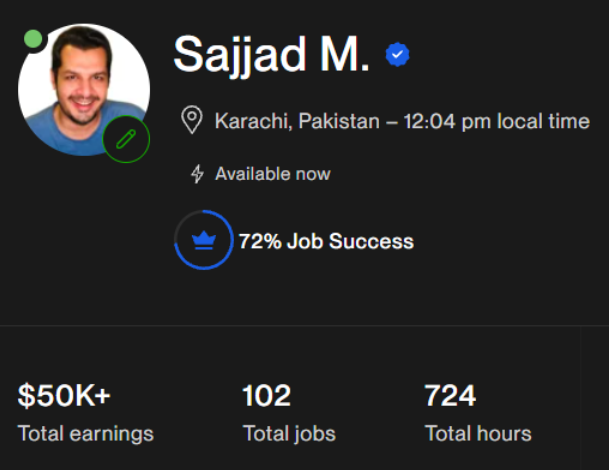 Upwork profile: $50K+ total earnings, 102 jobs, 724 hours
